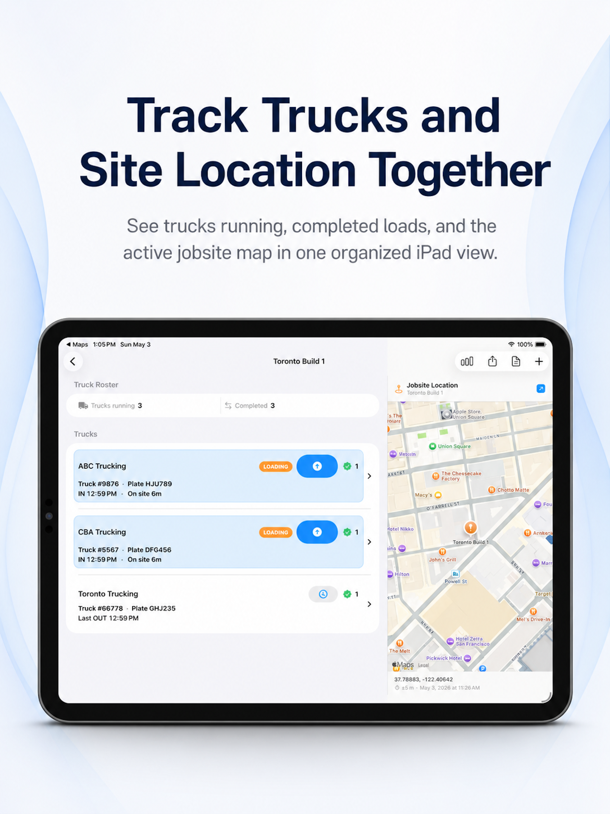 SiteHaul on iPad showing the truck roster on the left and a live jobsite map on the right