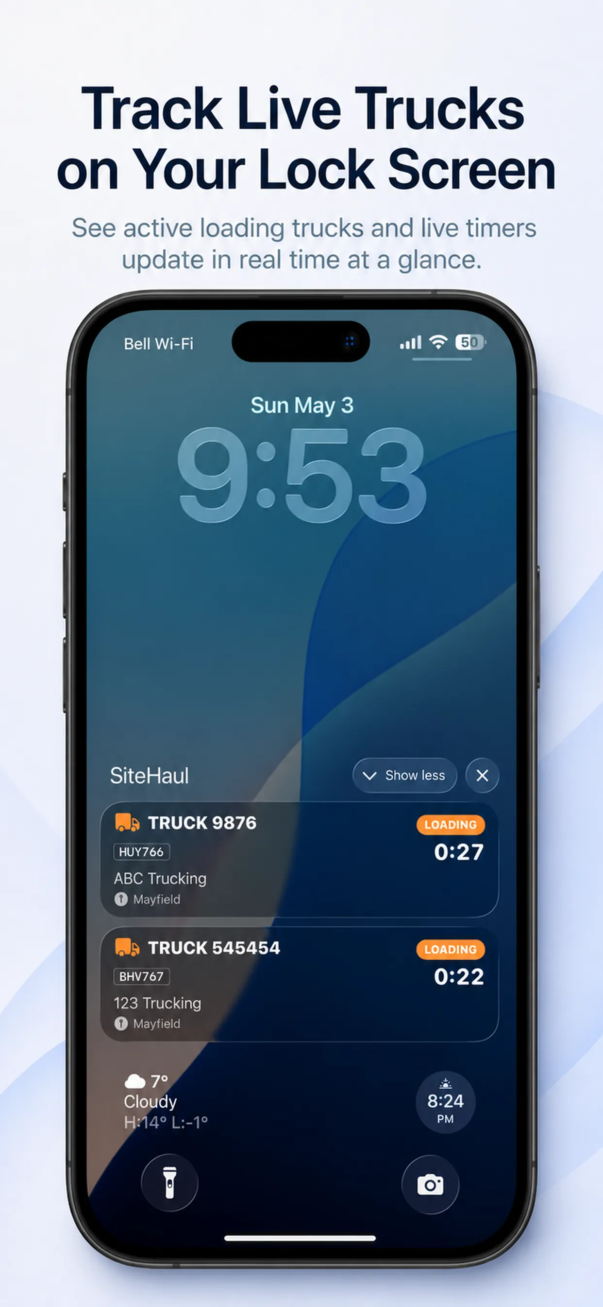 iPhone Lock Screen showing two SiteHaul Live Activity cards with truck numbers, companies, and live elapsed timers