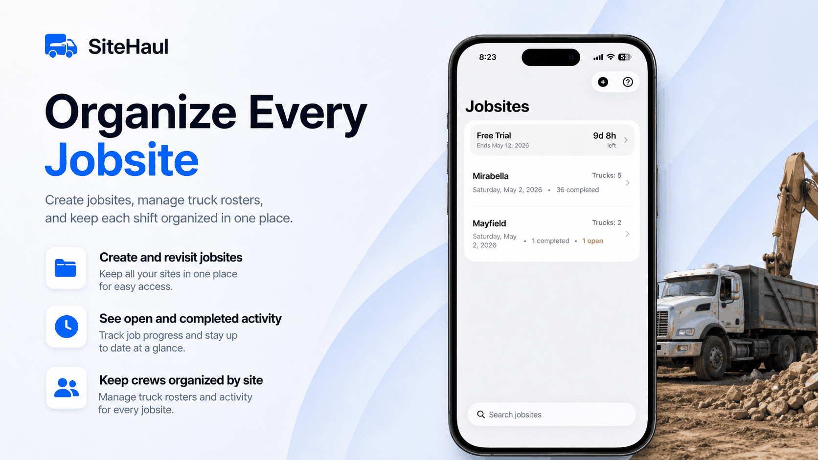 SiteHaul jobsite organizer showing multiple active and archived jobsites