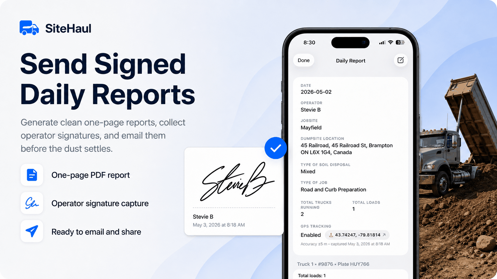SiteHaul signed Daily Report shown as a polished one page PDF