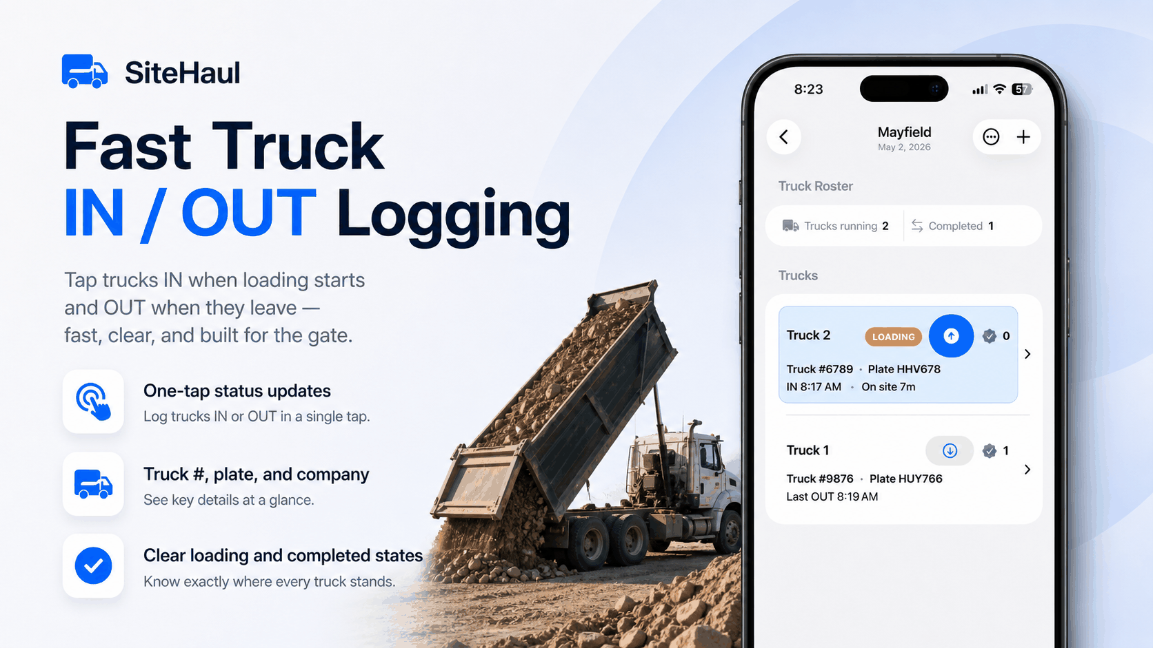 SiteHaul truck IN/OUT logging shown across iPhone, Apple Watch, and Lock Screen